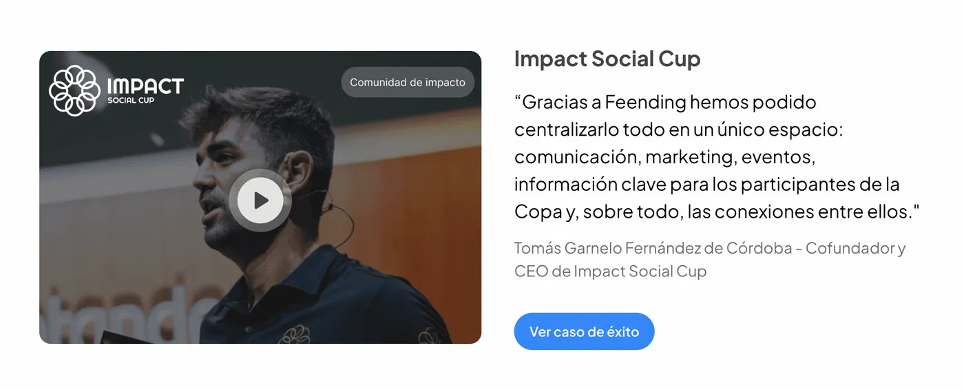 Ficha del testimonio de Impact Social Cup, con el vídeo del caso y la cita de su cofundador
